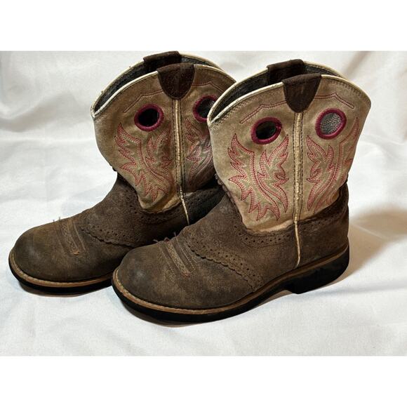 Ariat fatbaby Boots Pink Brown Leather Girl Cowgirl Boots Size 3.5 Round Toe - Picture 1 of 14